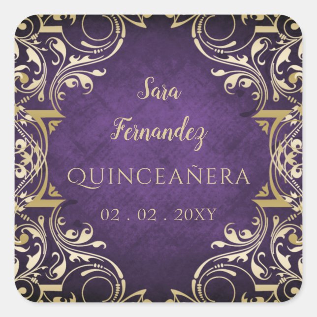 Rustic Purple Gold Elegant Quinceanera    Square Sticker (Front)