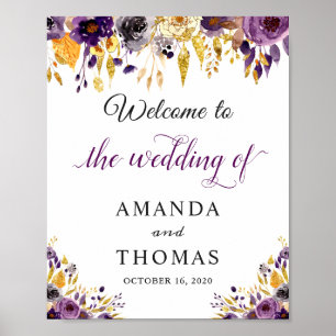 Rustic Purple Gold Floral Wedding Welcome Sign