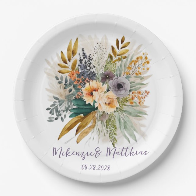 Rustic Purple Gold Peony Fall Wedding Paper Plate (Front)