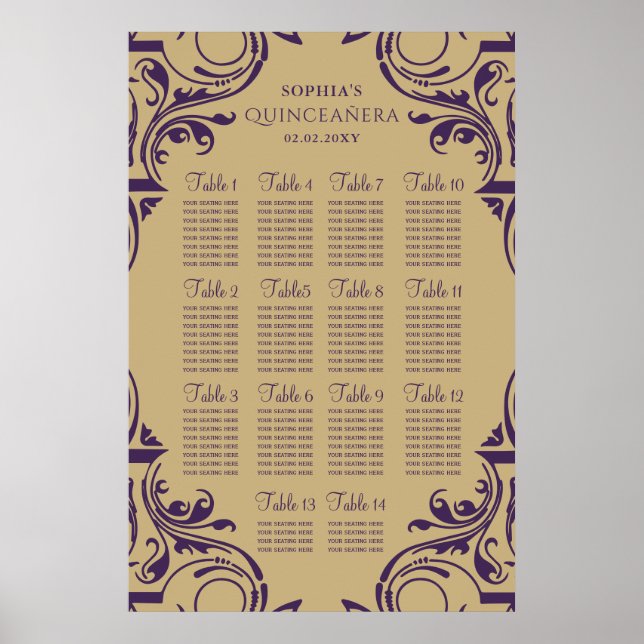 Rustic Purple Gold seating plan poster (Front)