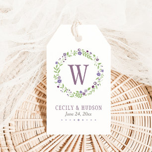 Rustic Purple Green Floral Wreath Monogram Favour Gift Tags