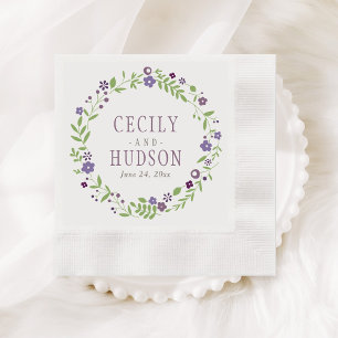 Rustic Purple Green Floral Wreath Wedding Monogram Napkin