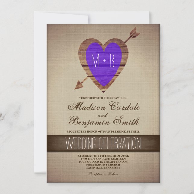 Rustic Purple Heart Arrow Country Wedding Invites (Front)