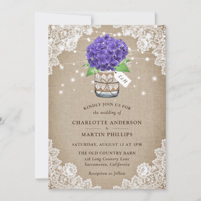 Rustic Purple Hydrangea Burlap Lace Wedding Invitation (Front)