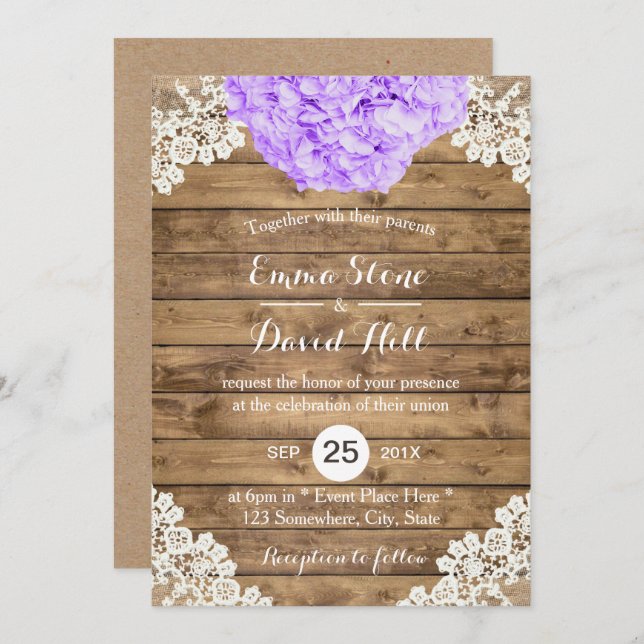 Rustic Purple Hydrangea Floral Lace Barn Wedding Invitation (Front/Back)