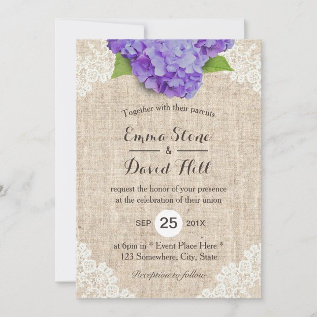 Rustic Purple Hydrangea Floral Lace Burlap Wedding Invitation (Front)