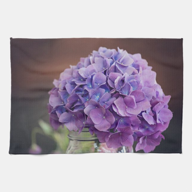 Rustic Purple Hydrangea in Mason Jar Photograph Tea Towel (Horizontal)