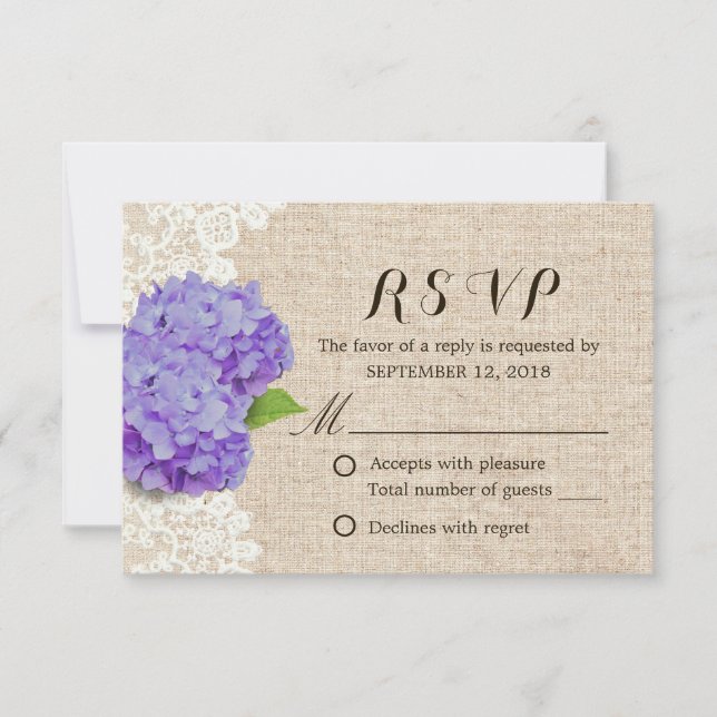 Rustic Purple Hydrangea Lace & Burlap Wedding RSVP Card (Front)