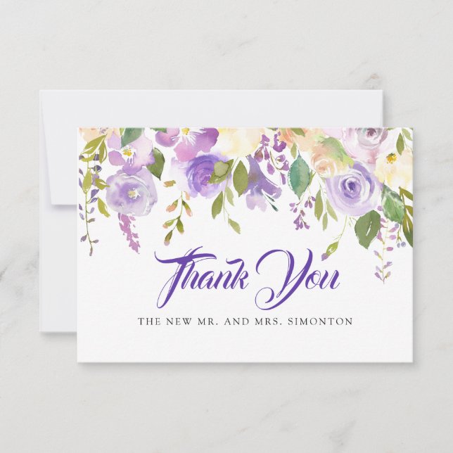 Rustic Purple Ivory White Floral Wedding Thank You Card (Front)