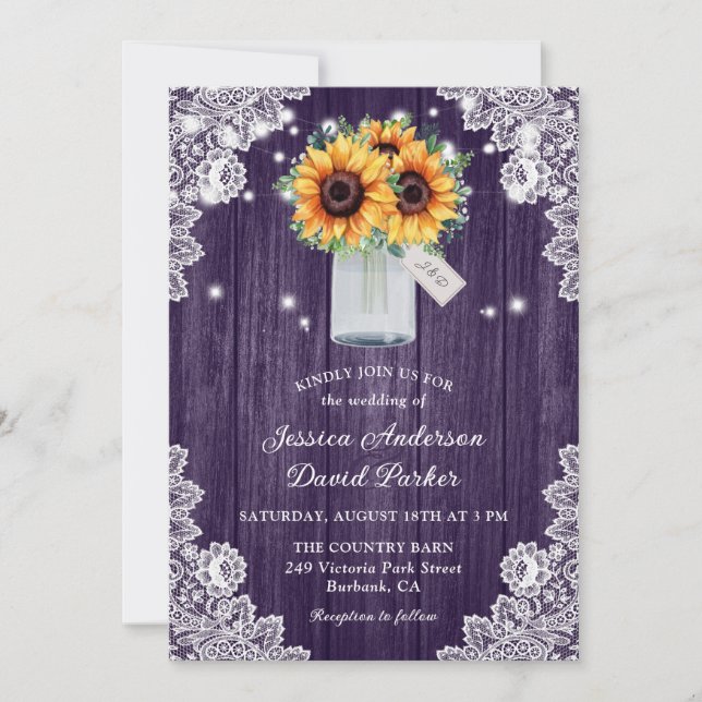Rustic Purple Lace Mason Jar Sunflower Wedding Invitation (Front)