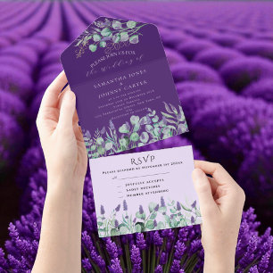 Rustic Purple Lavender and Eucalyptus RSVP Wedding All In One Invitation