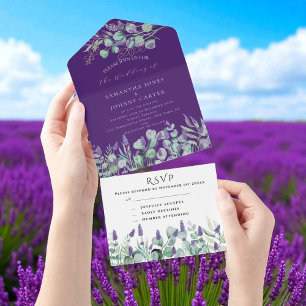 Rustic Purple Lavender and Eucalyptus RSVP Wedding All In One Invitation