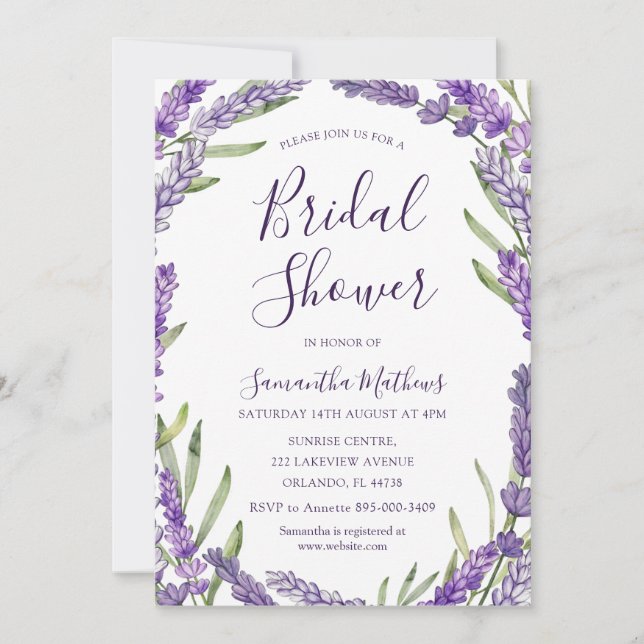Rustic Purple Lavender Watercolor Bridal Shower Invitation (Front)