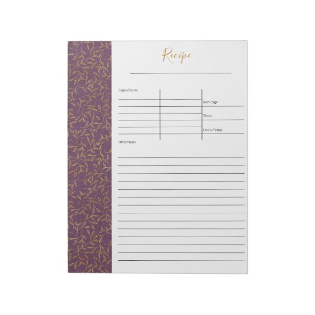 Rustic Purple Linen and Gold Leaf Blank Recipe Notepad (Rotated)