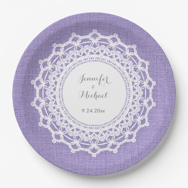 Rustic Purple Linen Look and White Lace Wedding Paper Plate (Front)
