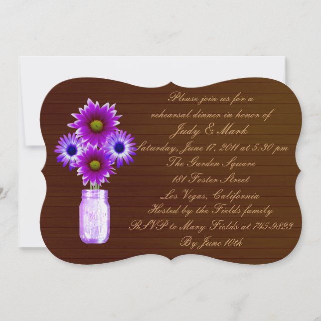 Rustic Purple Mason Jar Rehearsal Dinner Invite (Front)