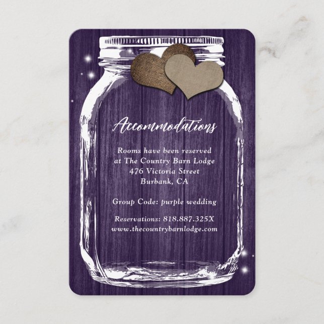 Rustic Purple Mason Jar Wood Accommodation Card (Front)