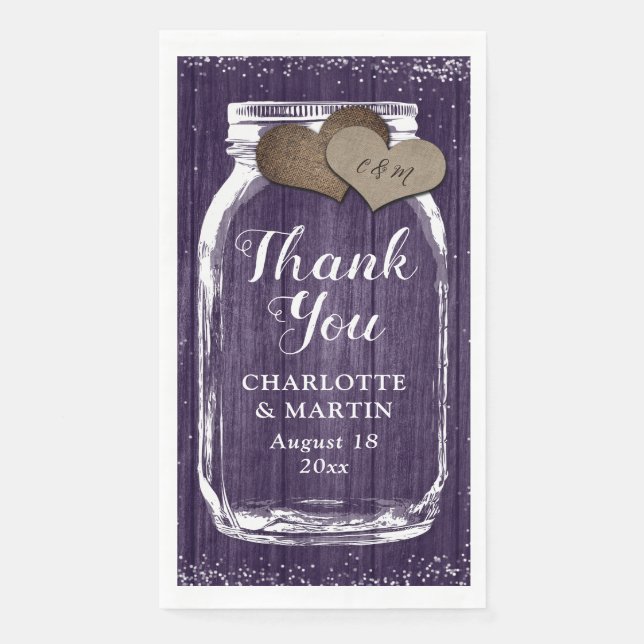 Rustic Purple Mason Jar Wood Thank You Wedding Napkin (Front)