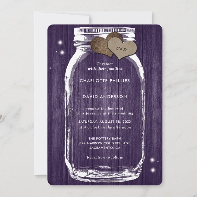 Rustic Purple Mason Jar Wood Wedding Invitation (Front)