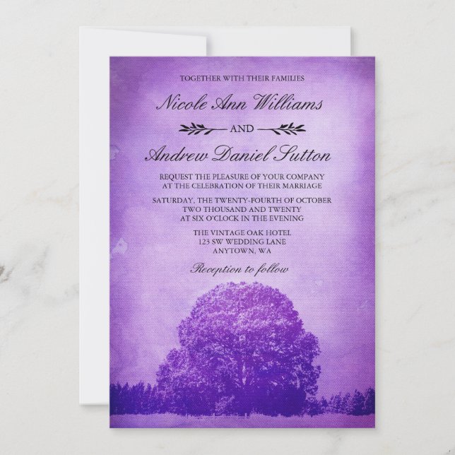 Rustic Purple Oak Tree Wedding Invitation (Front)
