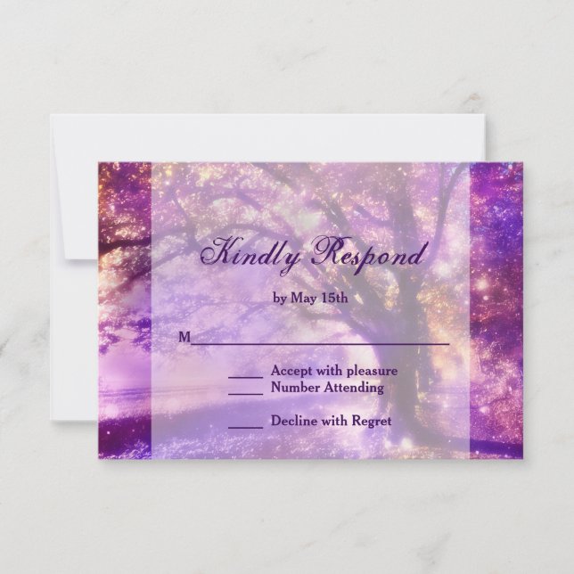 Rustic Purple Oak Tree Wedding RSVP Card (Front)