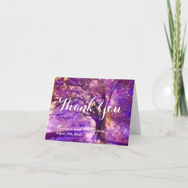 Rustic Purple Oak Tree Wedding Thank You Cards (Front)
