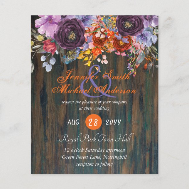 Rustic Purple Orange Pink Floral Wedding Invites (Front)