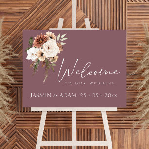 Rustic Purple Peach Floral Wedding Welcome Sign