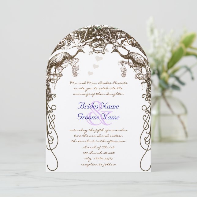 Rustic Purple Peacock Vintage Love Birds Invitation (Standing Front)