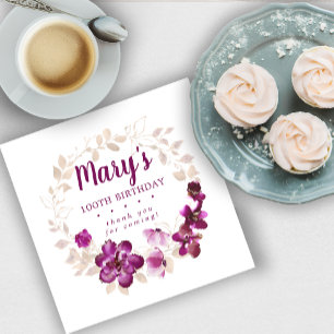 Rustic Purple Pink Floral 100th Birthday Thank You Napkin