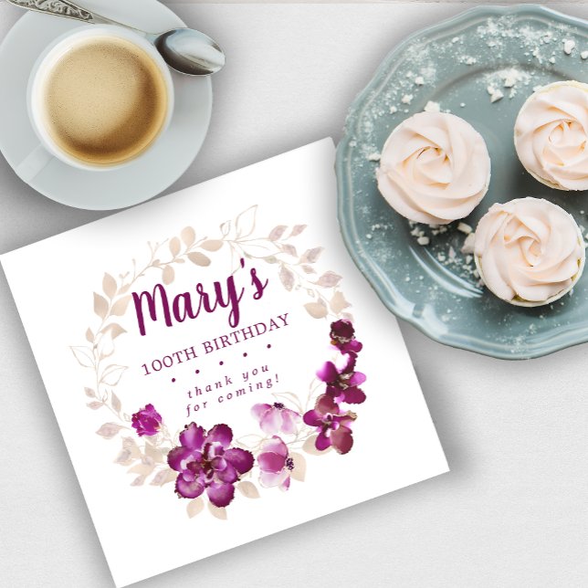Rustic Purple Pink Floral 100th Birthday Thank You Napkin (Creator Uploaded)