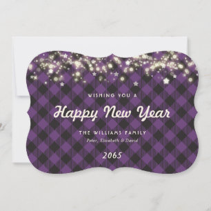 Rustic Purple Plaid Lights Stars New Year Card