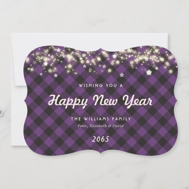 Rustic Purple Plaid Lights Stars New Year Card (Front)