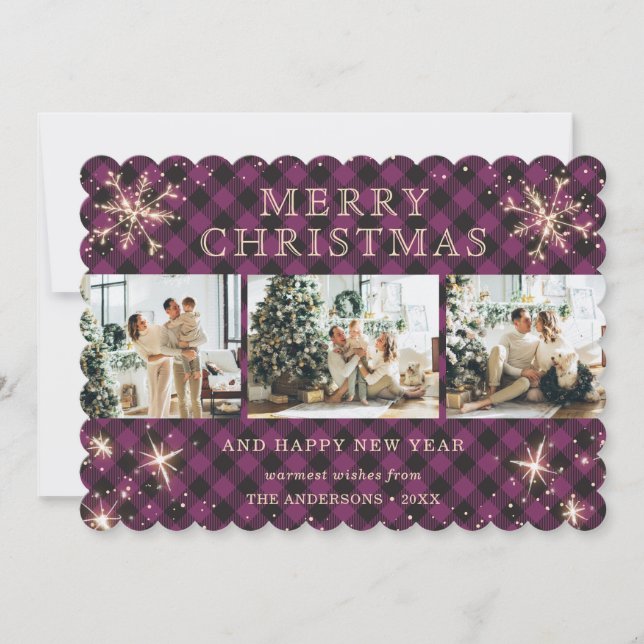 Rustic Purple Plaid Snowflake 3 Photo Collage Holiday Card (Front)