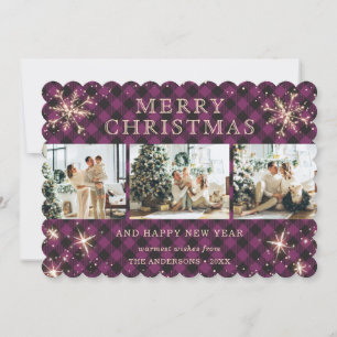 Rustic Purple Plaid Snowflake 3 Photo Collage Holiday Card