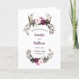 Rustic Purple Plum Peonies Antlers Wedding Program Holiday Card