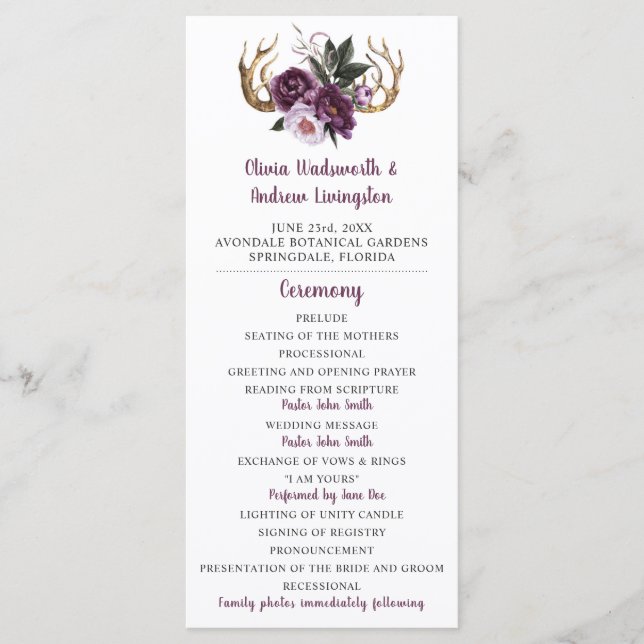 Rustic Purple Plum Pink Peonies Antlers Wedding Programme (Front)