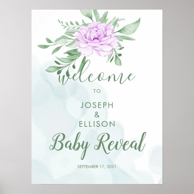 Rustic Purple Rose Eucalyptus Leaves Gender Reveal Poster (Front)