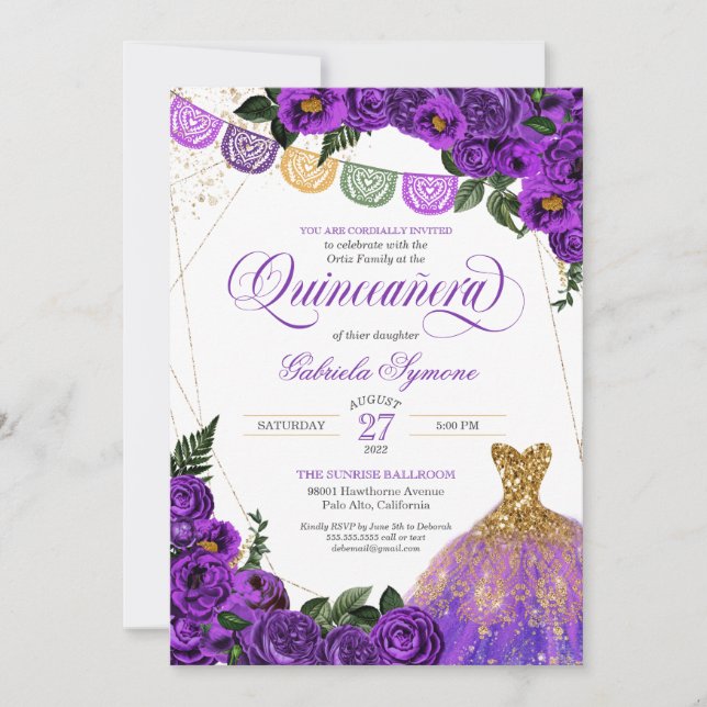 Rustic Purple Rose Glitter Gown Fiesta Quinceañera Invitation (Front)