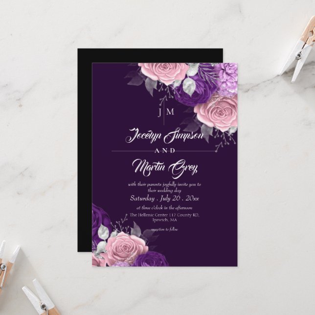Rustic Purple & Silver Rose Floral Wedding  Invitation (Front/Back In Situ)