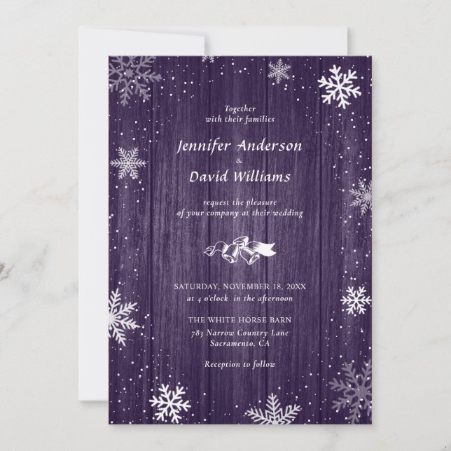 Rustic Purple Snowflake Winter Wedding Invitations (Front)