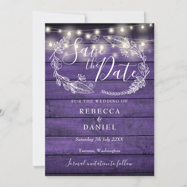Rustic Purple String Lights Floral Photo Wedding Save The Date (Front)