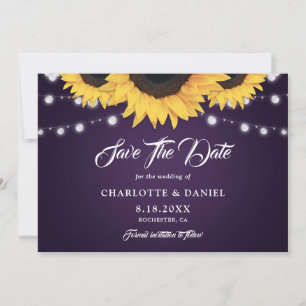 Rustic Purple String Lights Sunflower Wedding Save The Date