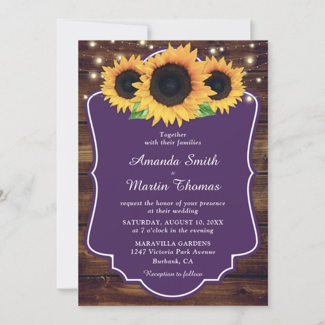 Rustic Purple Sunflower Greenery Wedding Invitation (Front)