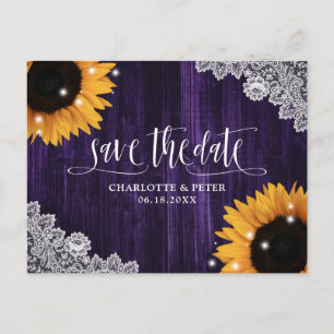 Rustic Purple Sunflower Lace Wedding Save The Date Postcard