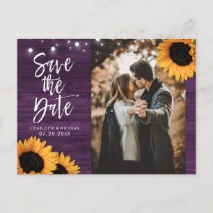 Rustic Purple Sunflower Photo Save The Date Postcard