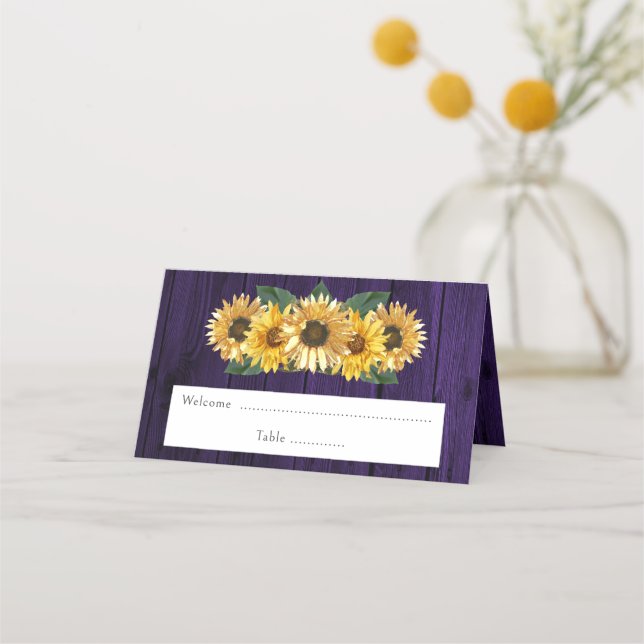 Rustic Purple Sunflower Reception Place Card (Front)