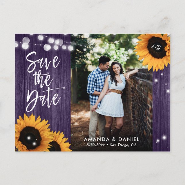Rustic Purple Sunflower Save The Date Postcard (Front)