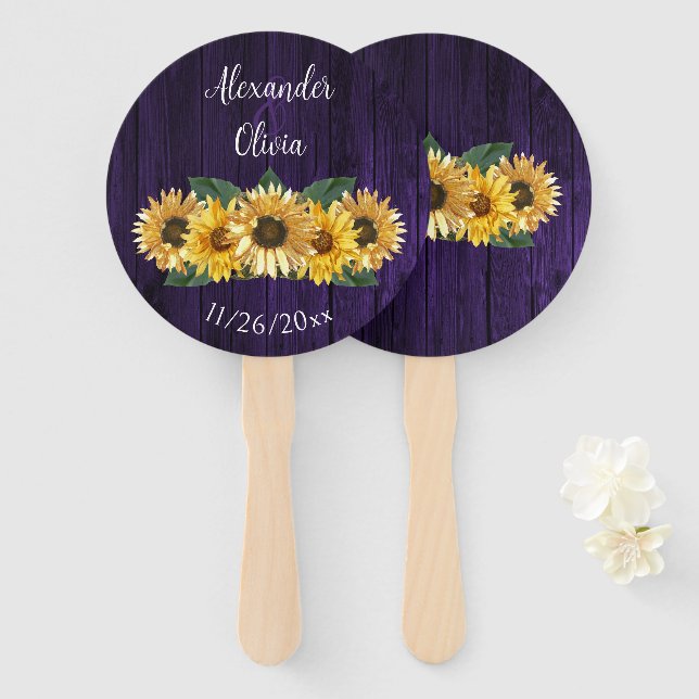 Rustic Purple Sunflower Wedding Favour Hand Fan (Front and Back)