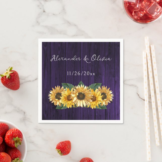 Rustic Purple Sunflower Wedding Napkins (Insitu)